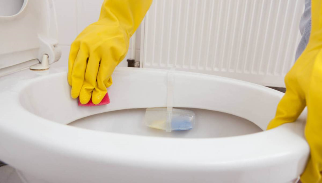 Pulizia del bagno con utilizzo di spugne non abrasive per rimuovere la ruggine dal water